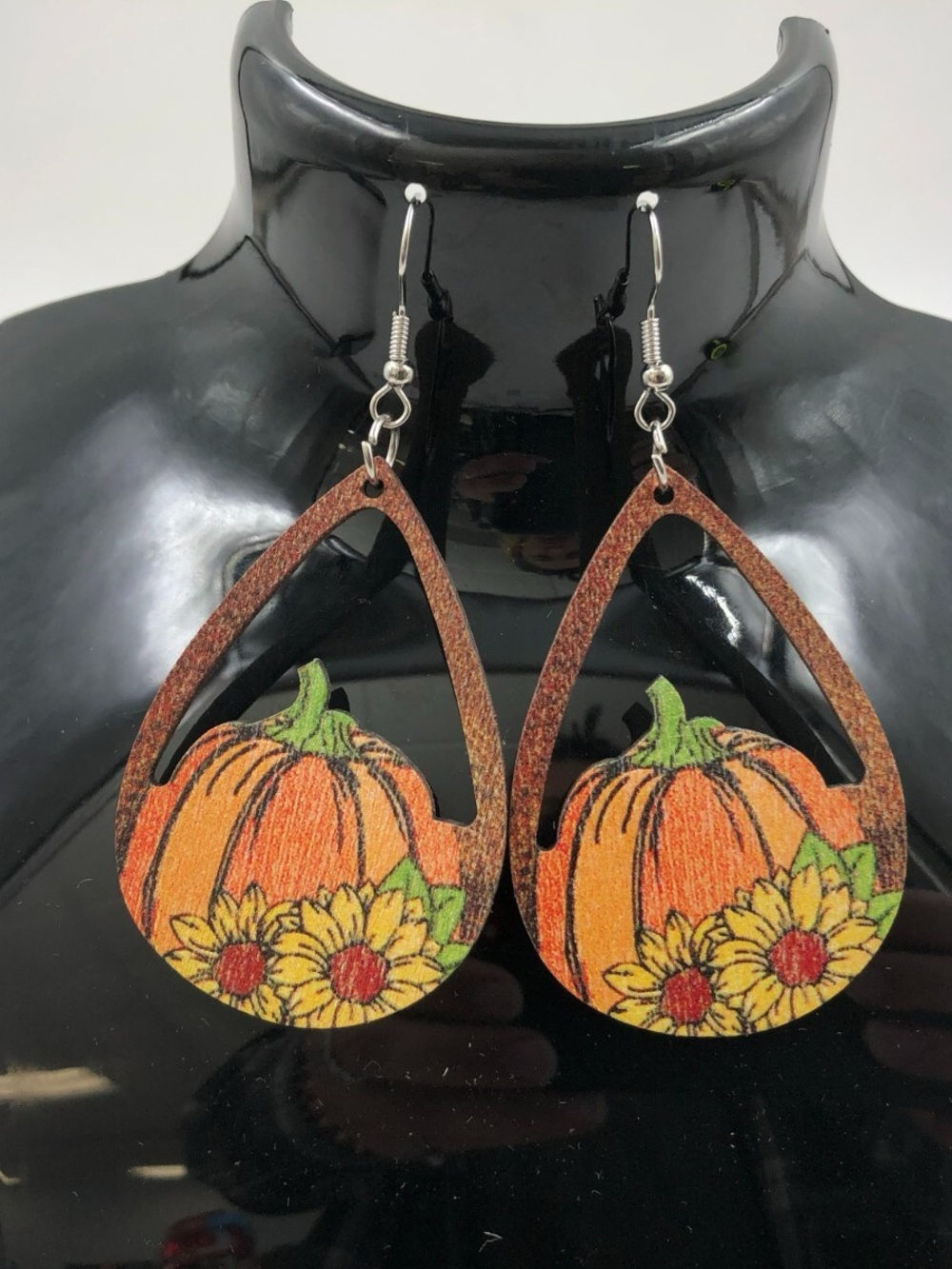 Autumn Pumpkin Teardrop Earrings with Sunflowers - Orange